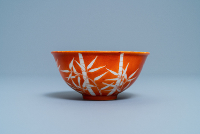 A Chinese coral-ground 'bamboo' bowl, Xuantong mark and of the period