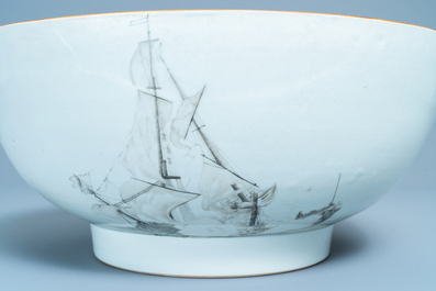 A large Chinese famille rose and grisaille bowl with the naval battle at Cartagena, Qianlong