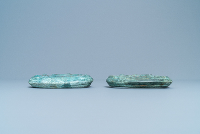 A pair of Chinese bronze ornaments, Han or later