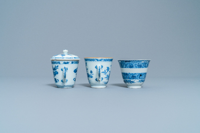 Four Chinese blue and white cups and saucers and three large cups, Kangxi/Qianlong