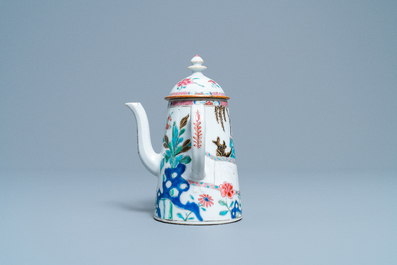 A Chinese famille rose 'Romance of the Western chamber' chocolate jug and cover, Yongzheng