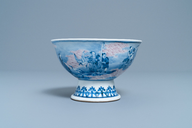 A Chinese blue, white and copper red stem bowl with immortals, Republic