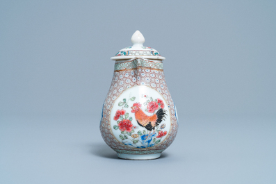 A Chinese famille rose 'rooster' milk jug and cover, Yongzheng