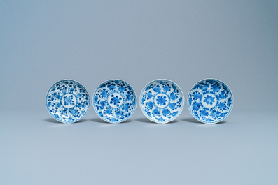 Four Chinese blue and white cups and saucers and three large cups, Kangxi/Qianlong