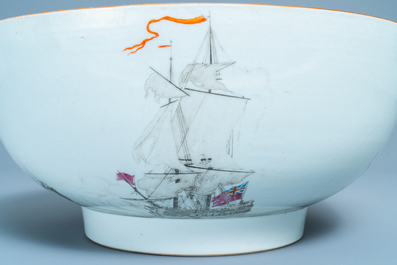 A large Chinese famille rose and grisaille bowl with the naval battle at Cartagena, Qianlong