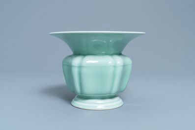 A Chinese monochrome celadon-glazed zhadou or spittoon, Yongzheng mark, Republic