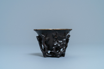 A Chinese zitan wood and silver libation cup, 17th C.