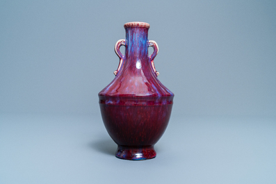 A Chinese monochrome flamb&eacute;-glazed vase, incised Qianlong mark, 18/19th C.