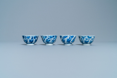 Four Chinese blue and white cups and saucers and three large cups, Kangxi/Qianlong