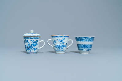 Four Chinese blue and white cups and saucers and three large cups, Kangxi/Qianlong