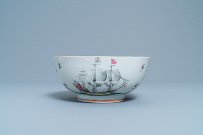 A Chinese famille rose bowl with British merchant navy ships, Qianlong