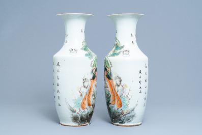 A pair of Chinese qianjiang cai vases with birds among foliage, 19/20th C.