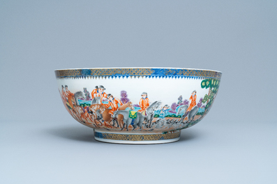 A large Chinese famille rose 'hunting' bowl for the European market, Qianlong