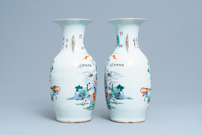 A pair of Chinese famille rose two-sided design vases, 19/20th C.