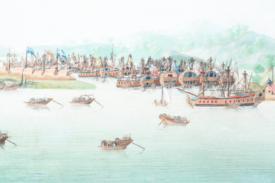 Anglo-Chinese school, Canton, olie op doek, 18e eeuw: 'Zicht op de baai van Whampoa'