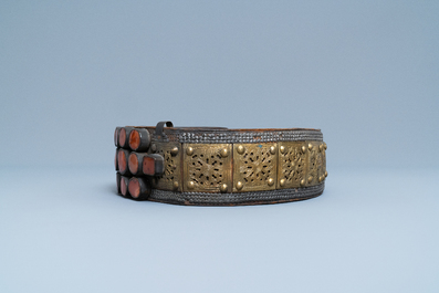 A leather marriage belt with carnelian and brass plaques, Balkan region, 18/19th C.