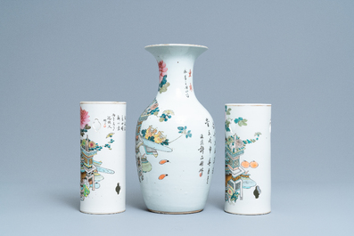 Two Chinese qianjiang cai hat stands and a vase with antiquities, 19/20th C.