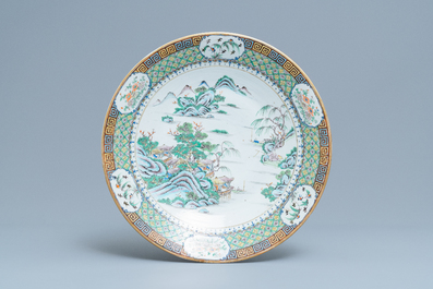 A pair of Chinese Canton famille verte dishes with fine landscapes, 19th C.