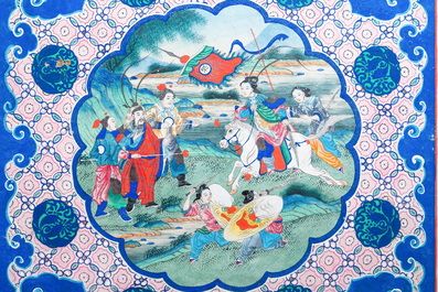 Ecole chinoise de Canton, encre et couleurs sur papier, 19&egrave;me: 'Deux cavali&egrave;res en bataille'