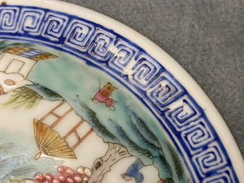 A pair of Chinese famille rose bowls and covers with landscapes, Qianlong mark, Republic