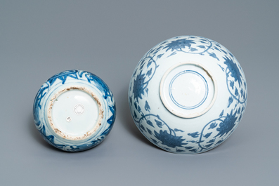 A Chinese blue and white kendi and a 'lotus scroll' bowl, Ming