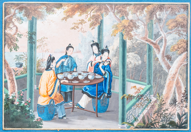 Chinese school, Canton, watercolour on paper, 18/19th C.: 'An opium smoker' and 'Ladies at lunch'