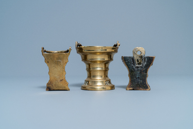 Three Flemish bronze holy water buckets, 16/17th C.