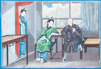 Chinese school, Canton, aquarel op papier, 18/19e eeuw: 'Een opiumroker' en 'Etende dames'