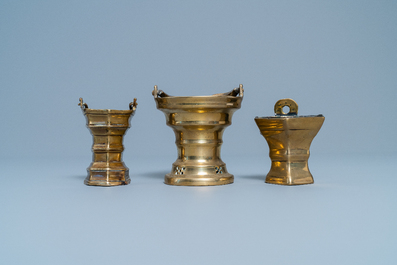 Three Flemish bronze holy water buckets, 16/17th C.