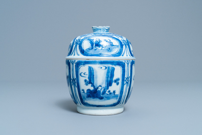 A Chinese blue and white bowl and cover with figurative medallions, Wanli