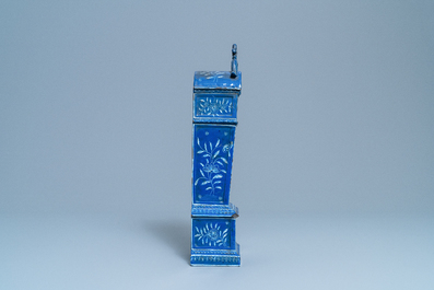 A tall pocket watch holder in blue-ground Saint-Omer faience, France, 18th C.