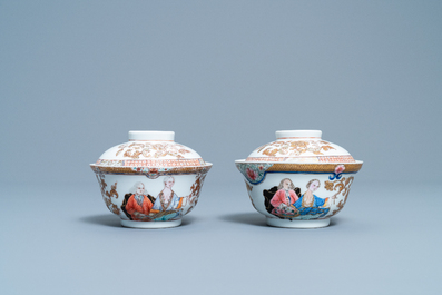 A pair of Chinese famille rose bowls and covers with a European couple, Yongzheng