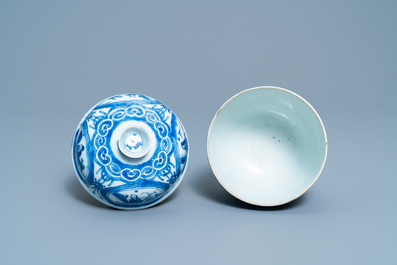 A Chinese blue and white bowl and cover with figurative medallions, Wanli