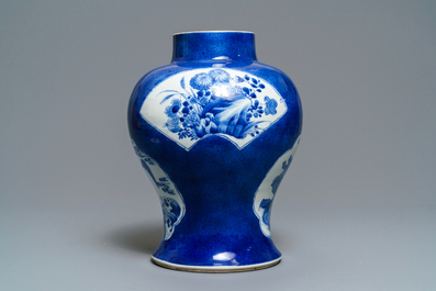 A Chinese blue and white powder blue-ground vase, Kangxi