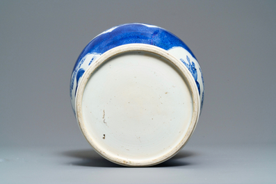 A Chinese blue and white powder blue-ground vase, Kangxi