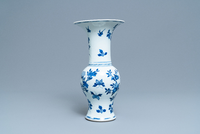 A Chinese blue and white yenyen vase with a bird among foliage, Kangxi