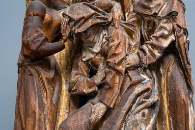 Two large polychromed wood 'Crucifixion' retable fragments, probably Brabant, 15/16th C.