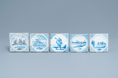 Fifteen blue, white and manganese Delft style tiles, Montpellier, France, 17th C.