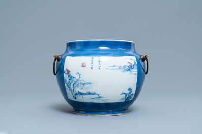 A Chinese blue, white and copper red powder blue-ground bowl, Jiajing mark, Kangxi