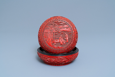 A Chinese red cinnabar lacquer box and cover, 19th C.