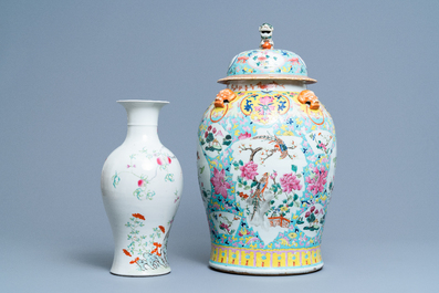 A Chinese famille rose covered vase and a vase with birds and peaches, 19/20th C.