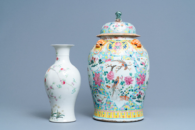 A Chinese famille rose covered vase and a vase with birds and peaches, 19/20th C.