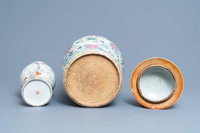 A Chinese famille rose covered vase and a vase with birds and peaches, 19/20th C.