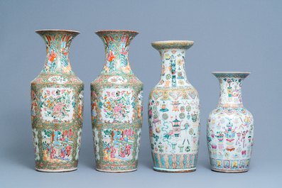 A pair of Chinese Canton famille rose vases and two single vases, 19th C.