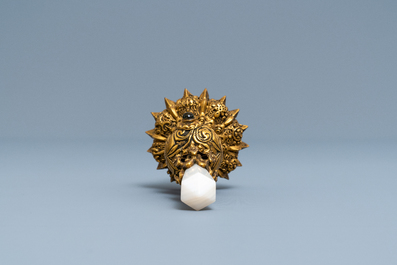 A Chinese agate and crystal-embellished gilt bronze Mandarin hat finial, 18th C.