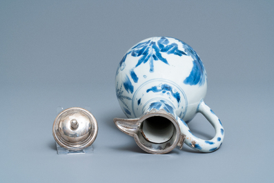 A Chinese blue and white silver-mounted ewer, Transitional period