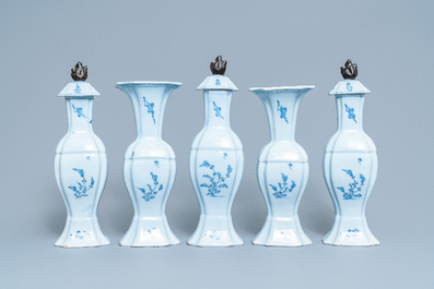 A Dutch Delft blue and white five-piece garniture with floral chinoiserie design, 18th C.