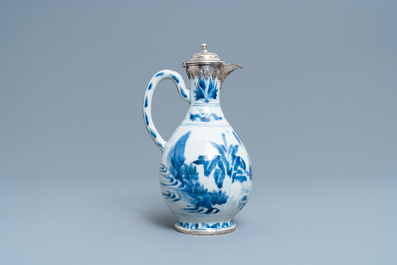 A Chinese blue and white silver-mounted ewer, Transitional period