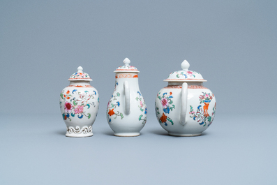 A Chinese famille rose teapot, tea caddy, milk jug and tray, Qianlong