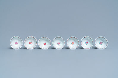 Seven Chinese famille rose cups and five saucers, Qianlong